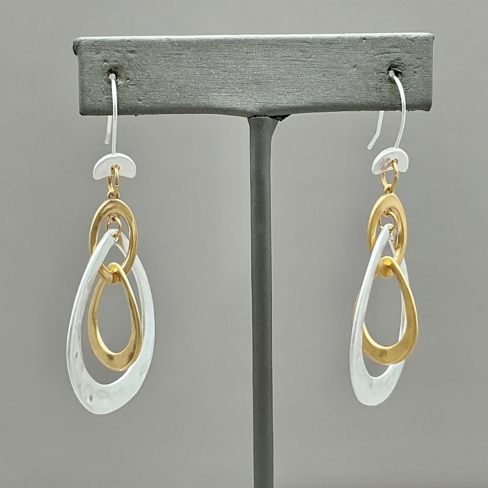 Drop Dangle Earrings Women Gold Silver Two Tone Hammered Teardrop Interlocking